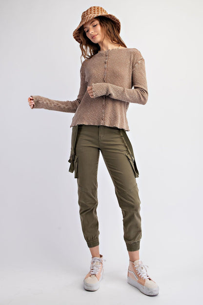 Easel Ribbed Knit Fitted Top in Mocha