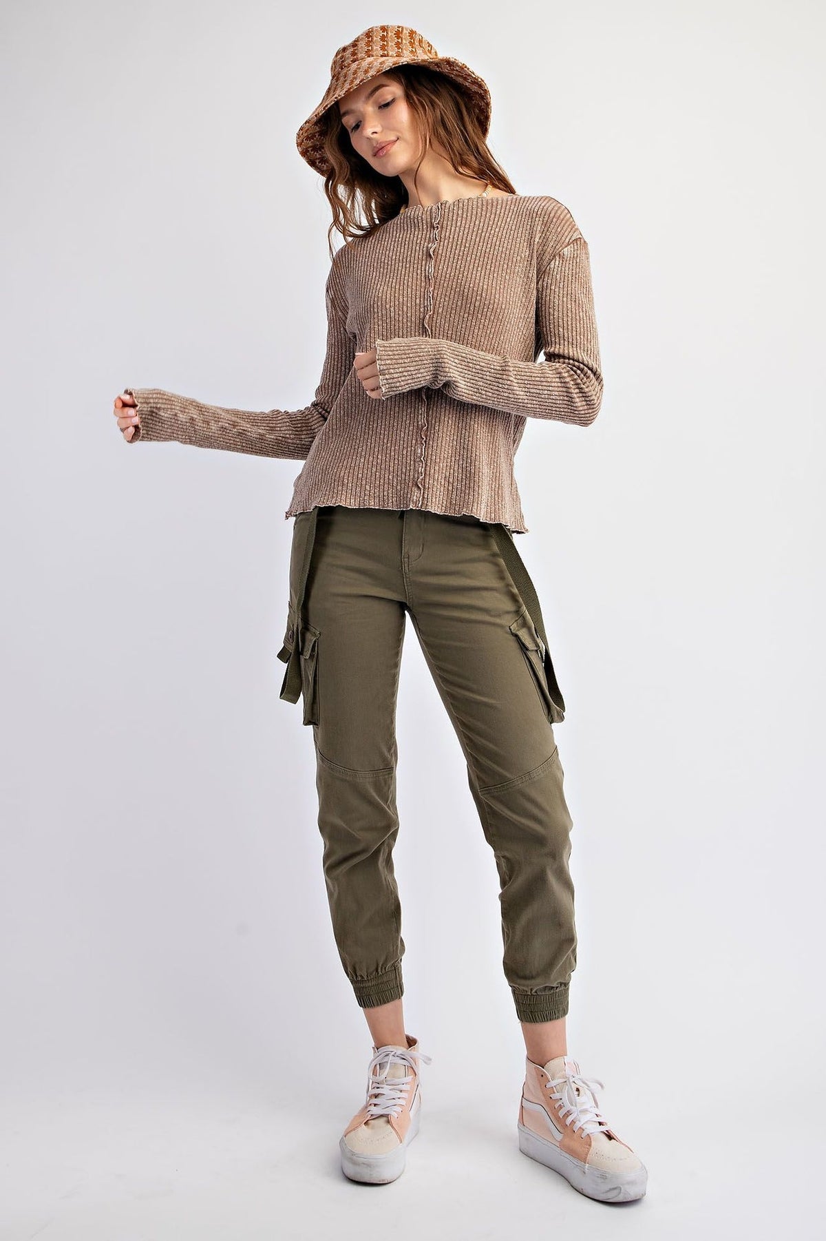 Easel Ribbed Knit Fitted Top in Mocha