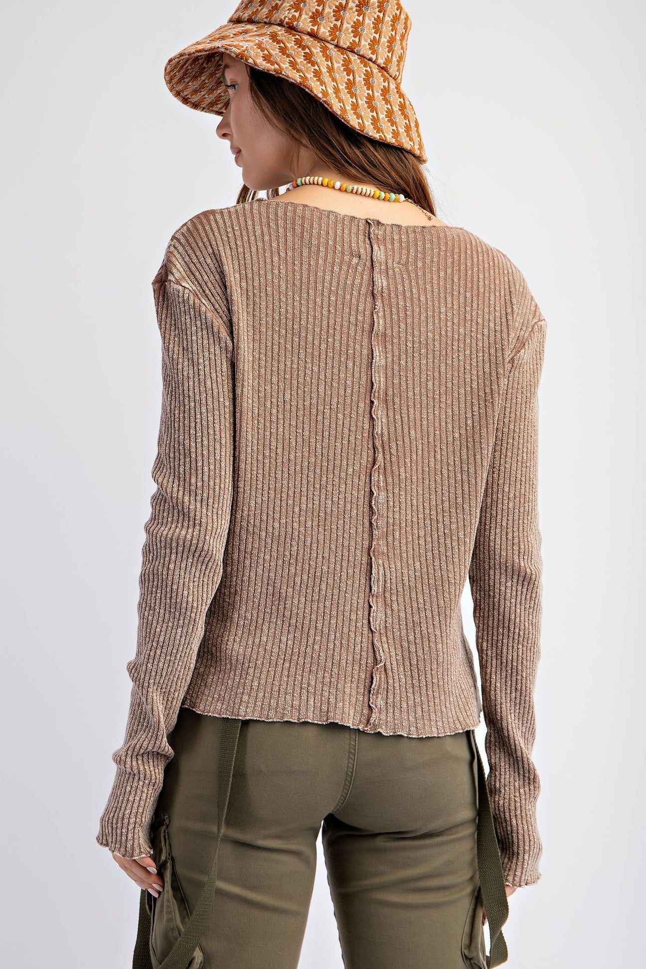 Easel Ribbed Knit Fitted Top in Mocha