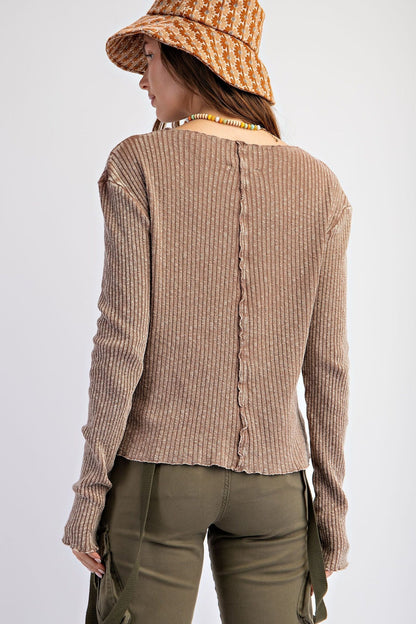 Easel Ribbed Knit Fitted Top in Mocha