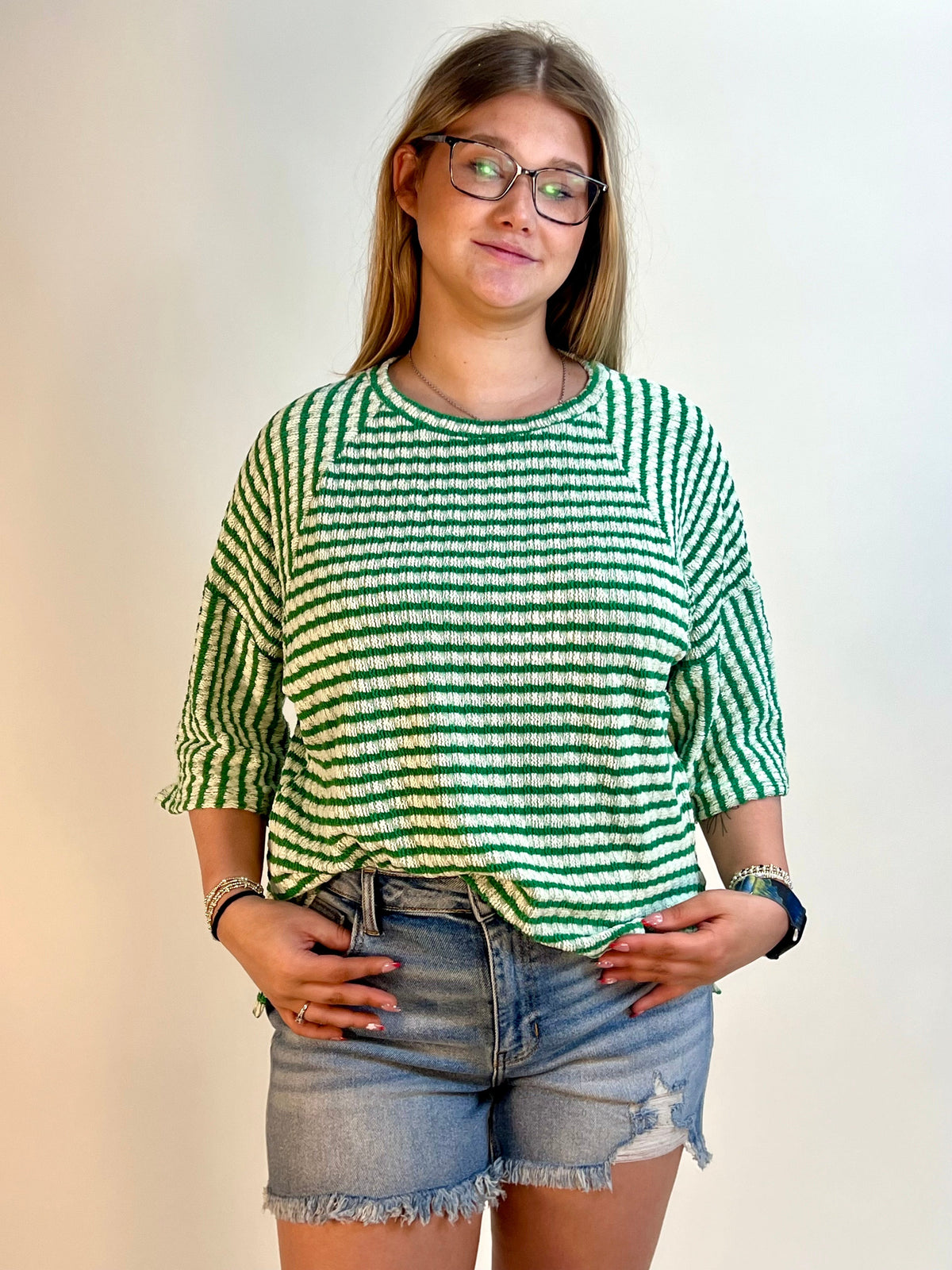 BiBi Textured Striped Top in Jade