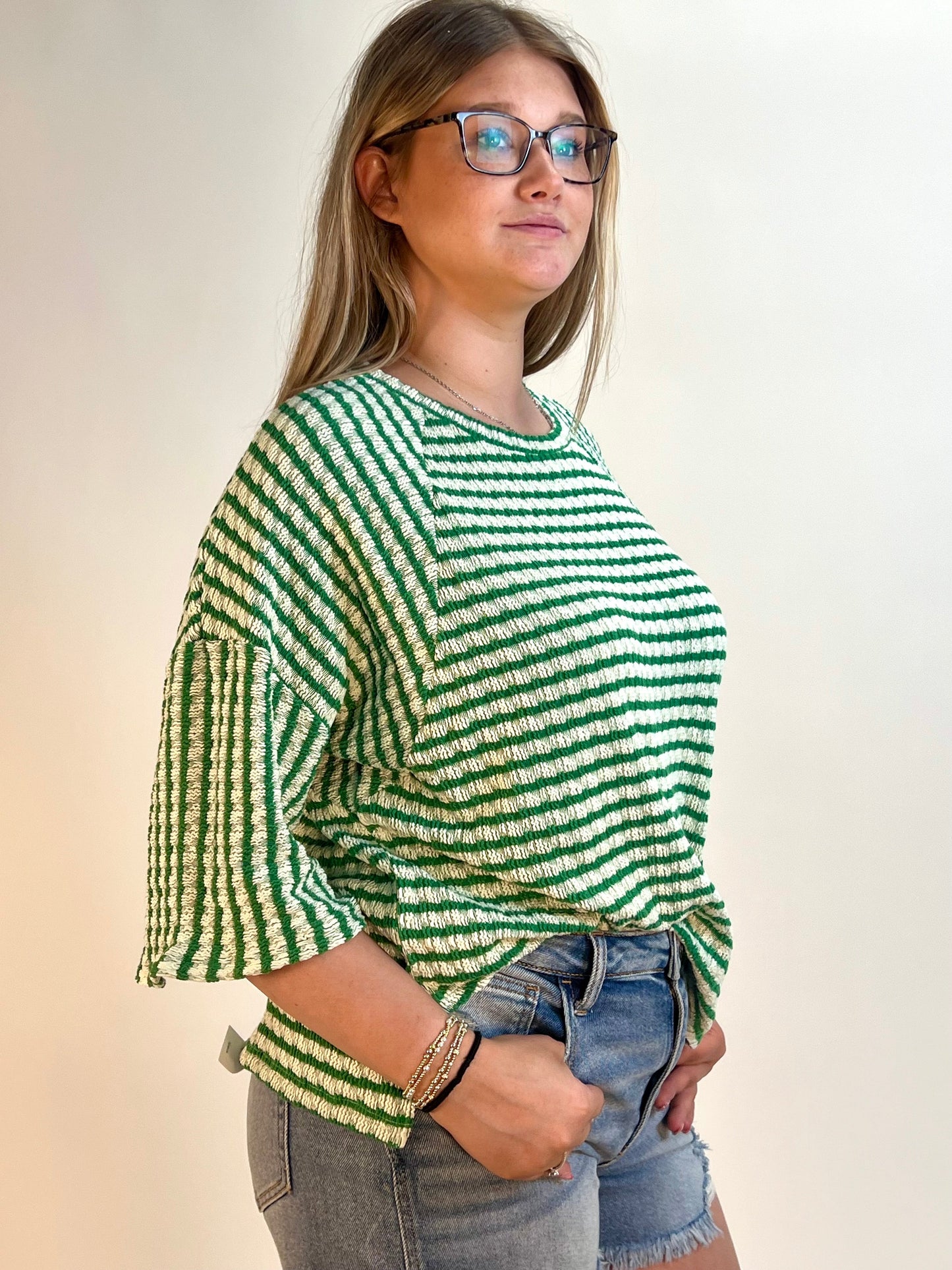 BiBi Textured Striped Top in Jade