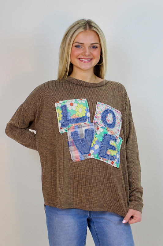 Easel Solid Color Ribbed Knit Top with LOVE Patches on Front in Mocha