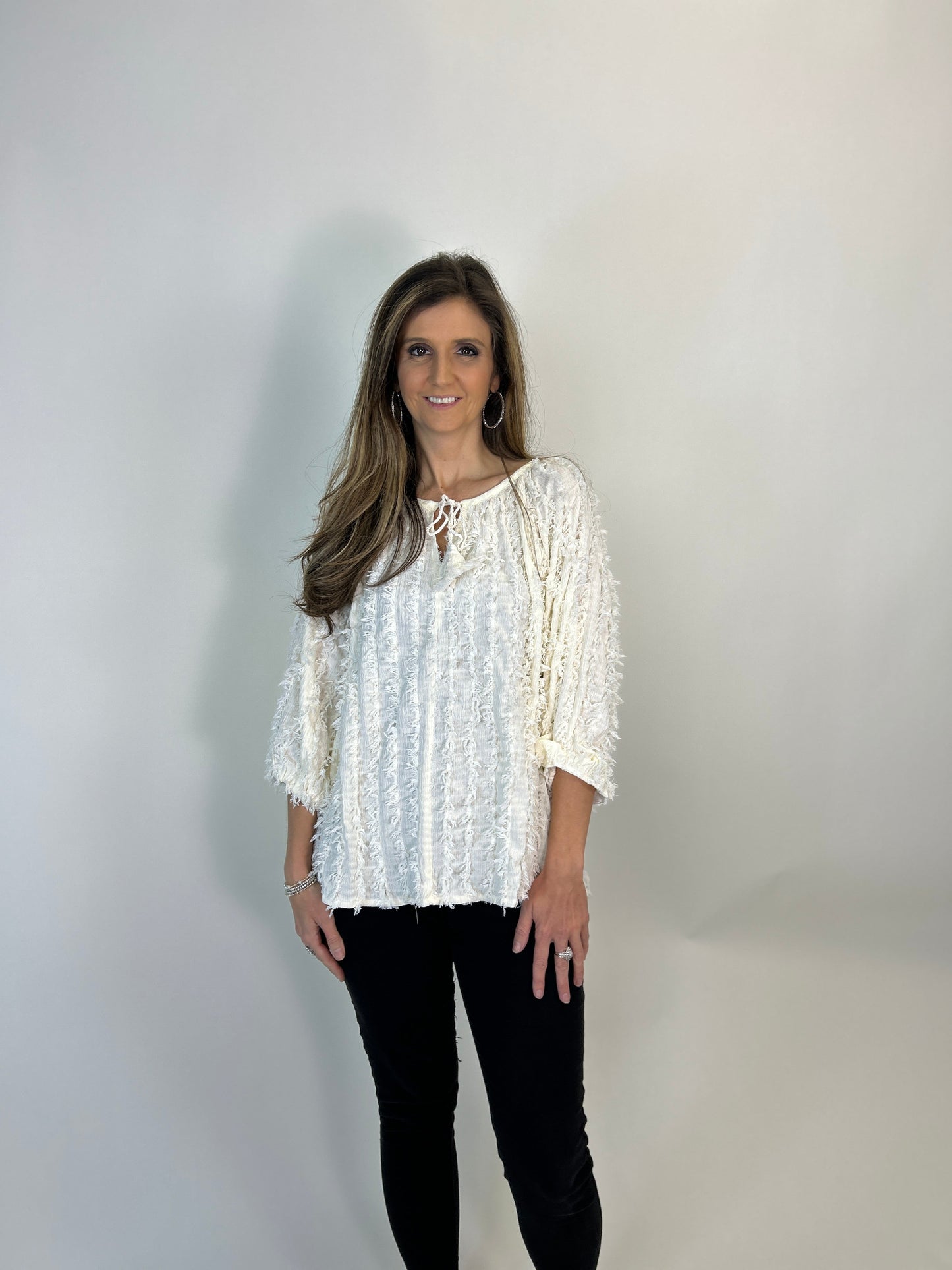 Easel Solid Color Textured and Frayed Top in Cream