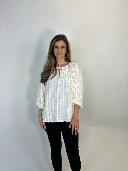 Easel Solid Color Textured and Frayed Top in Cream