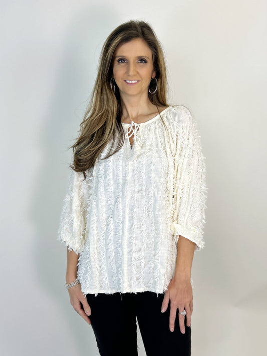 Easel Solid Color Textured and Frayed Top in Cream
