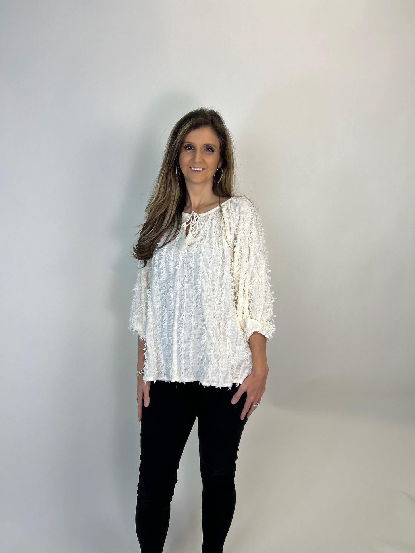 Easel Solid Color Textured and Frayed Top in Cream