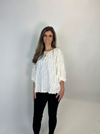 Easel Solid Color Textured and Frayed Top in Cream
