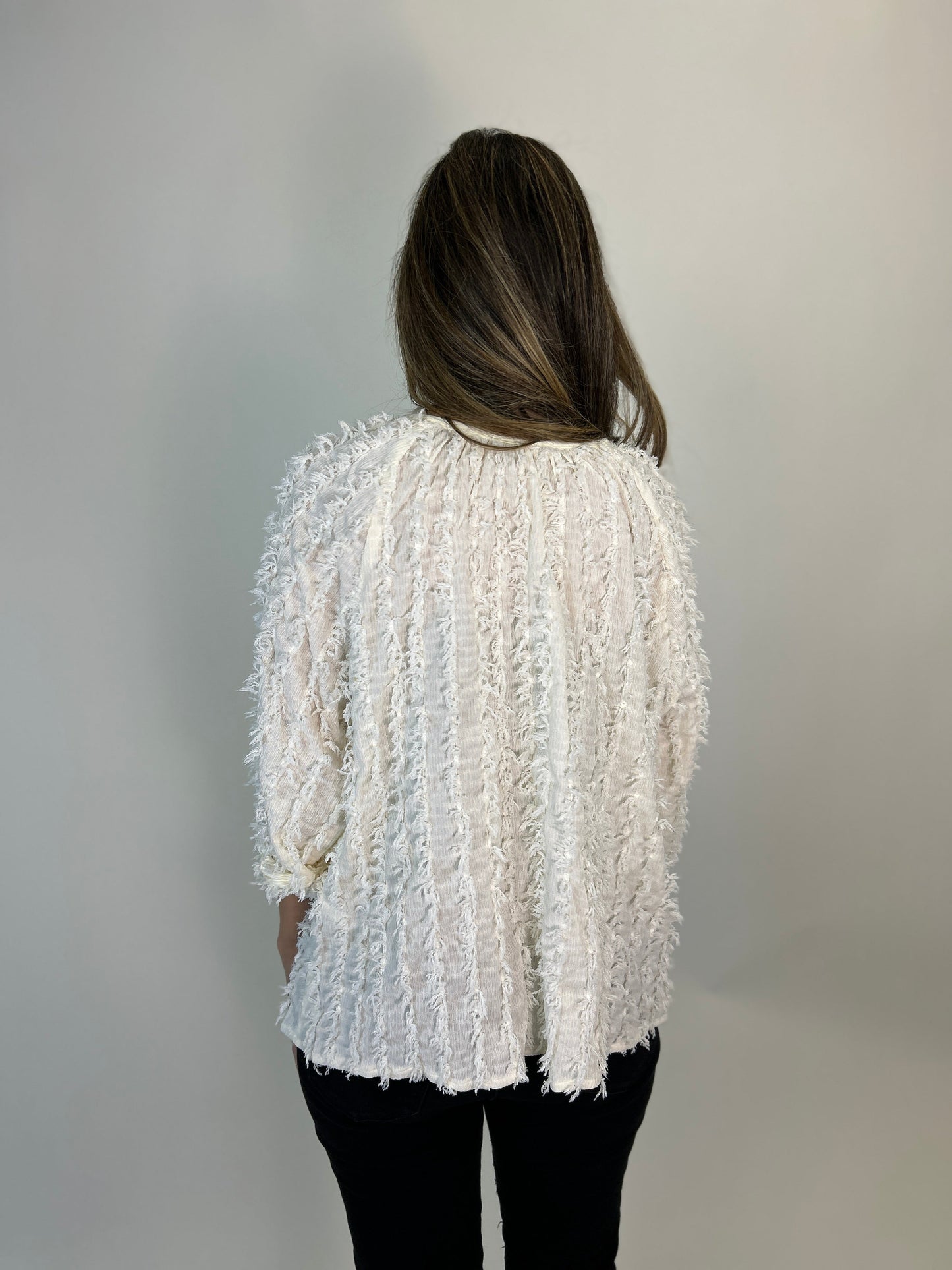 Easel Solid Color Textured and Frayed Top in Cream