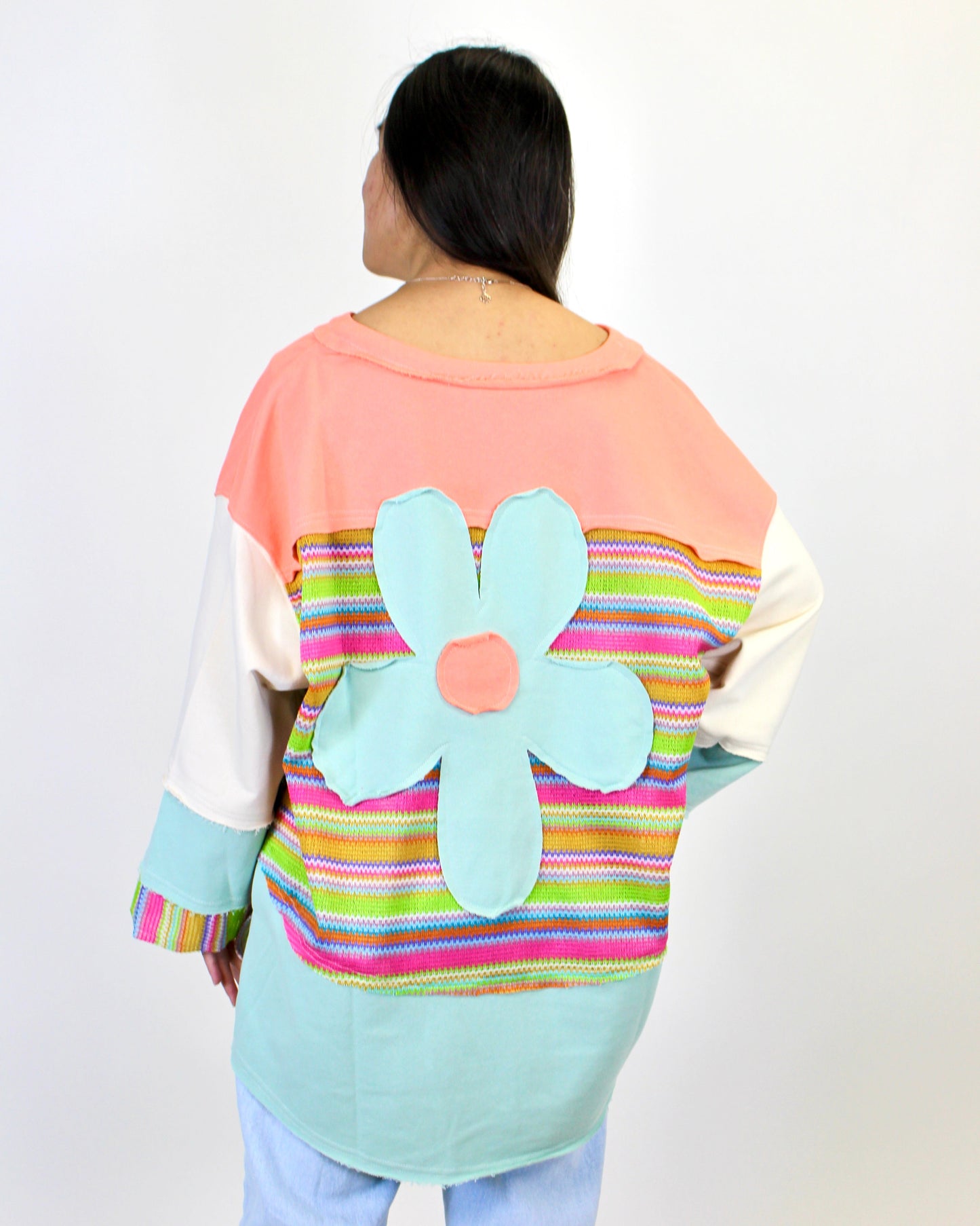 Easel OVERSIZED Daisy Patched Mix n Match Color Block Top in Orange Sage