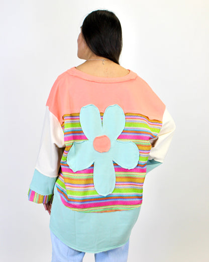 Easel OVERSIZED Daisy Patched Mix n Match Color Block Top in Orange Sage