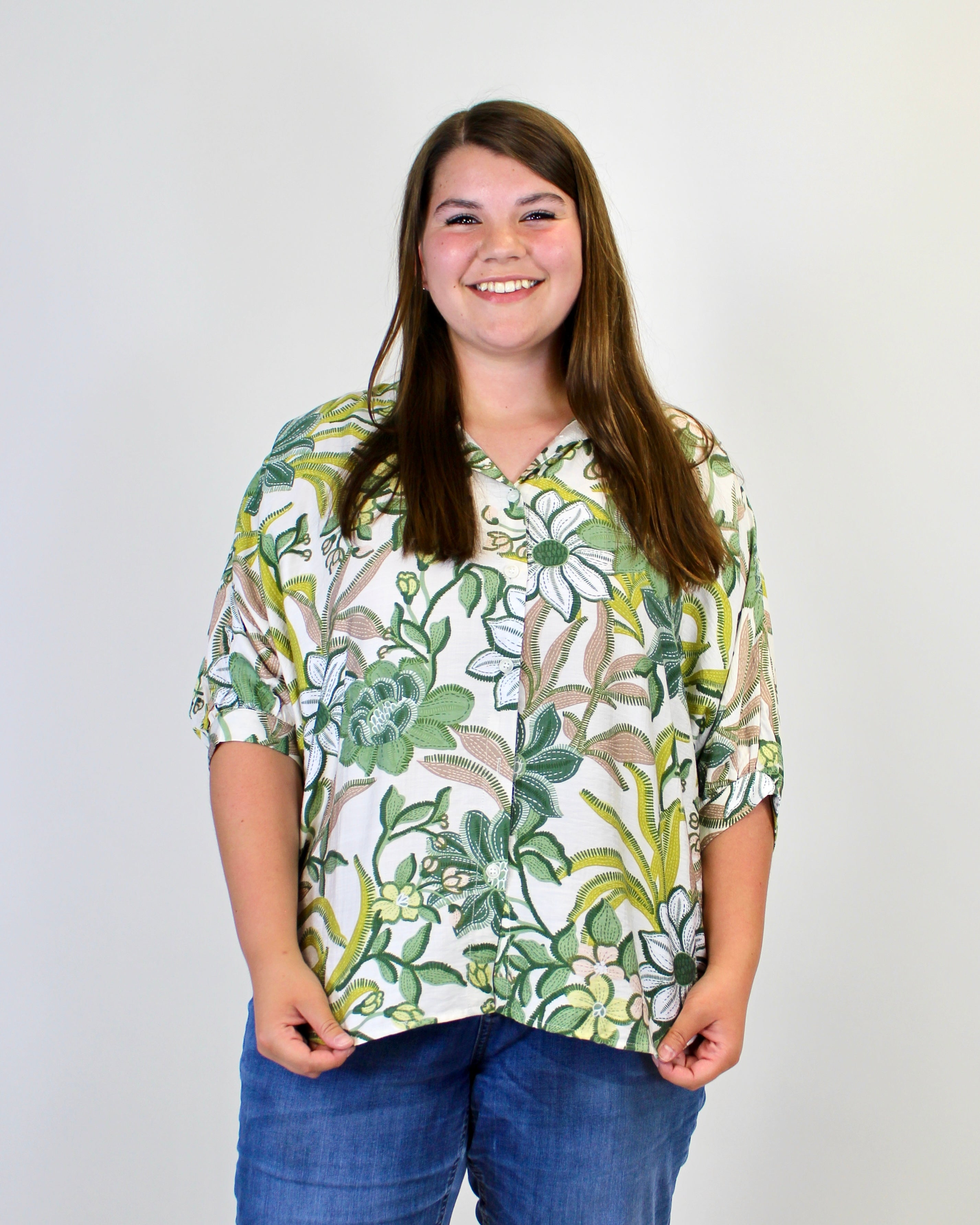 BiBi Bold Multi Color Floral Print Button Down Top in Sage Multi