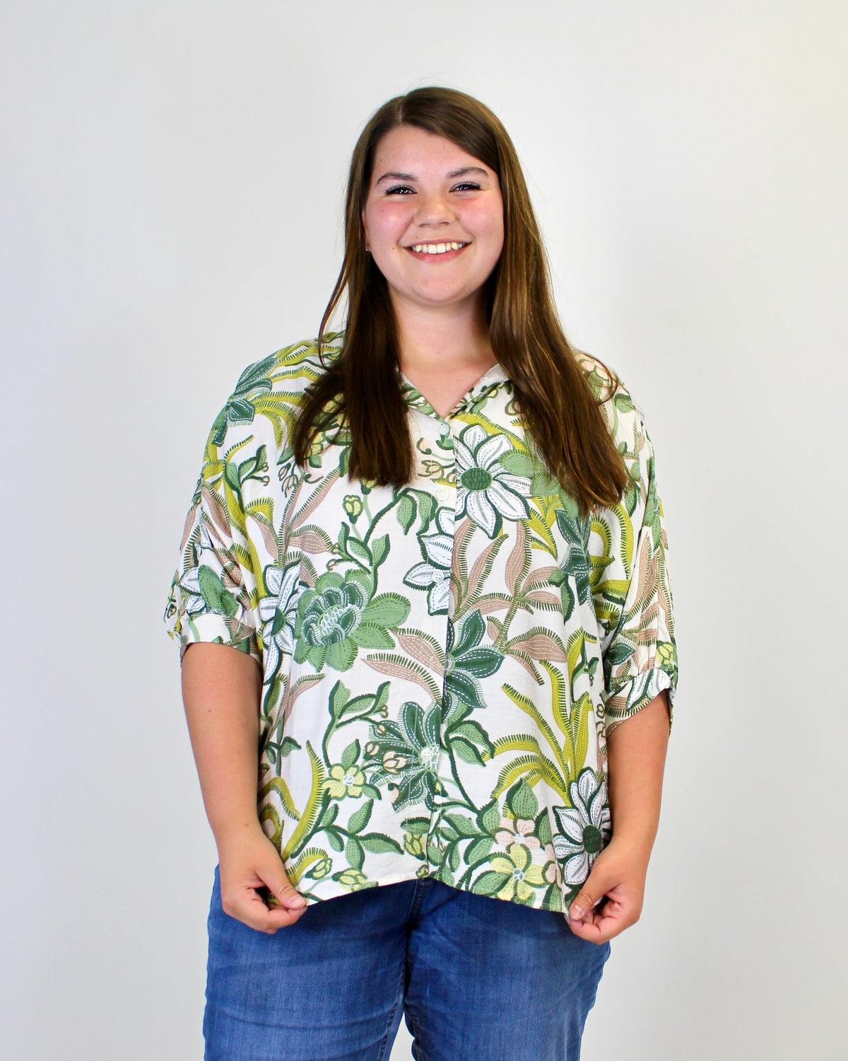 BiBi Bold Multi Color Floral Print Button Down Top in Sage Multi