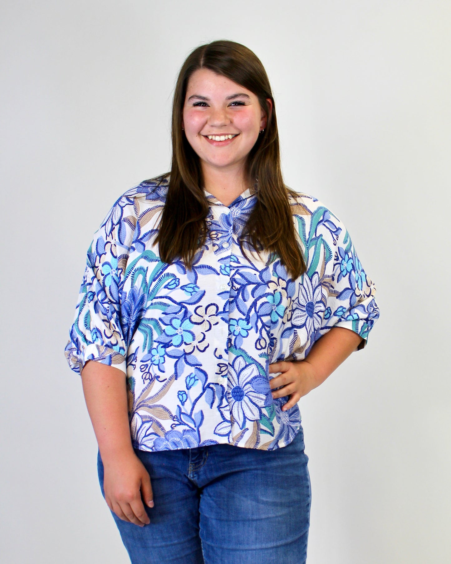 BiBi Bold Multi Color Floral Print Button Down Top in Chambray Multi