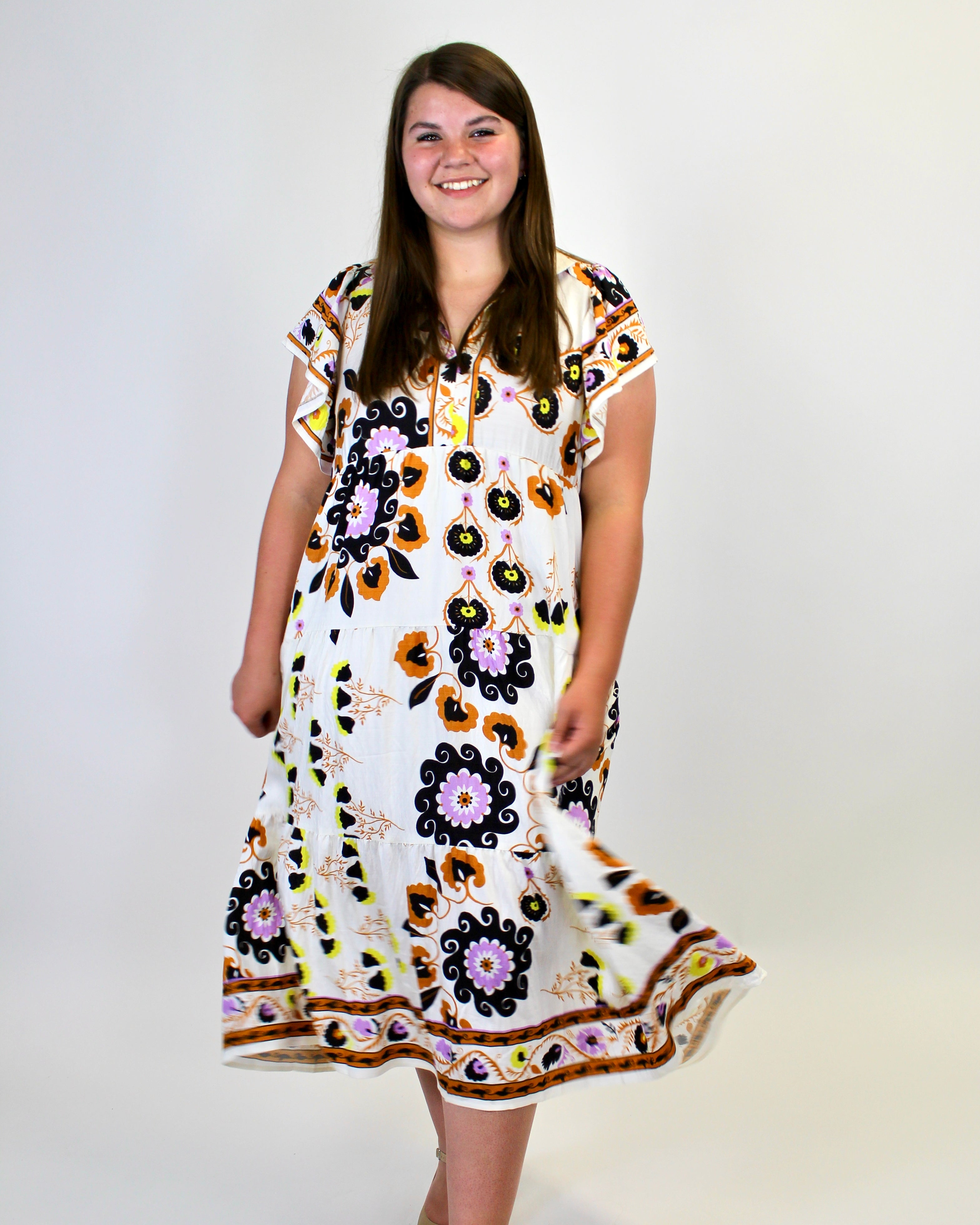 Umgee Boho Floral Print Midi Dress in Cream Mix