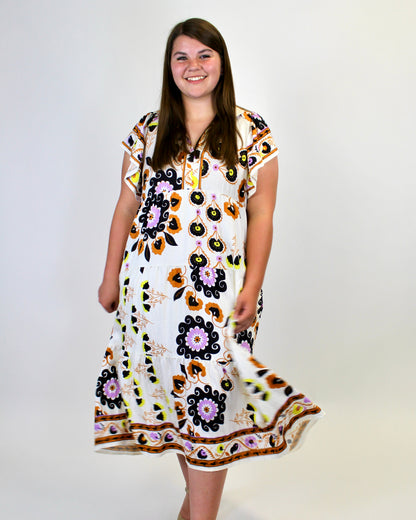 Umgee Boho Floral Print Midi Dress in Cream Mix