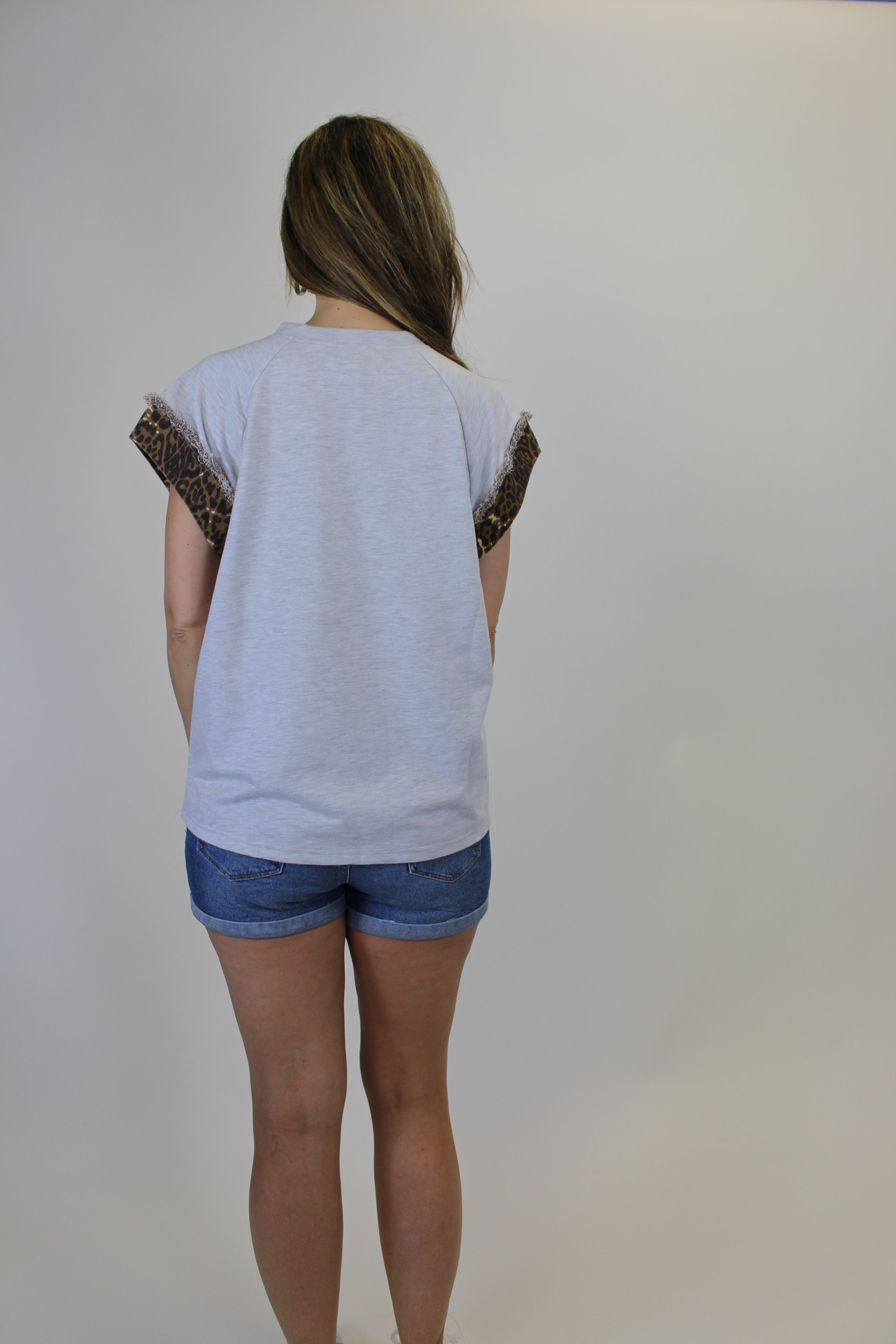 BiBi French Terry Top with Leopard Print Star Patch Front in Leopard