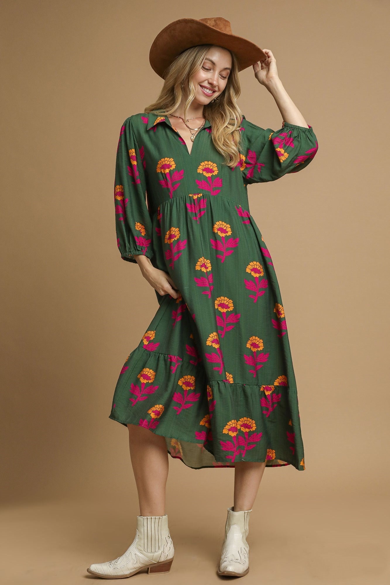 Umgee Floral Print Tiered Maxi Dress in Green Mix
