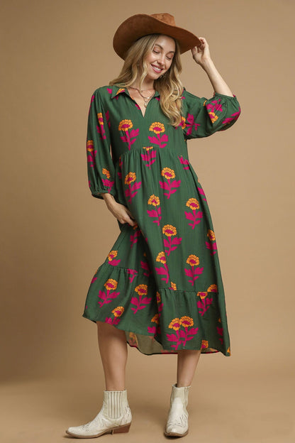Umgee Floral Print Tiered Maxi Dress in Green Mix
