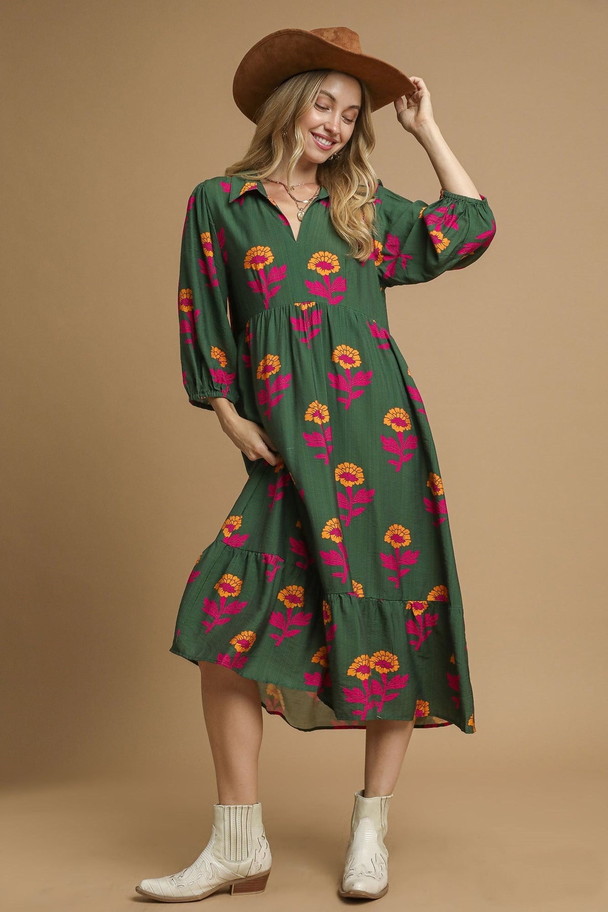 Umgee Floral Print Tiered Maxi Dress in Green Mix