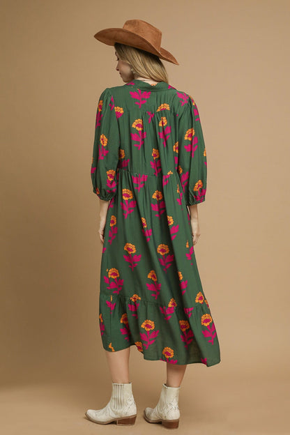 Umgee Floral Print Tiered Maxi Dress in Green Mix