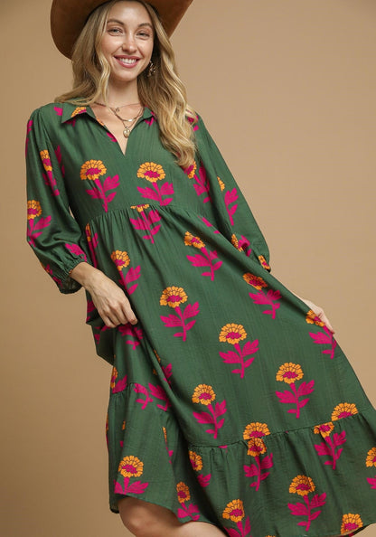 Umgee Floral Print Tiered Maxi Dress in Green Mix