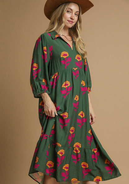 Umgee Floral Print Tiered Maxi Dress in Green Mix