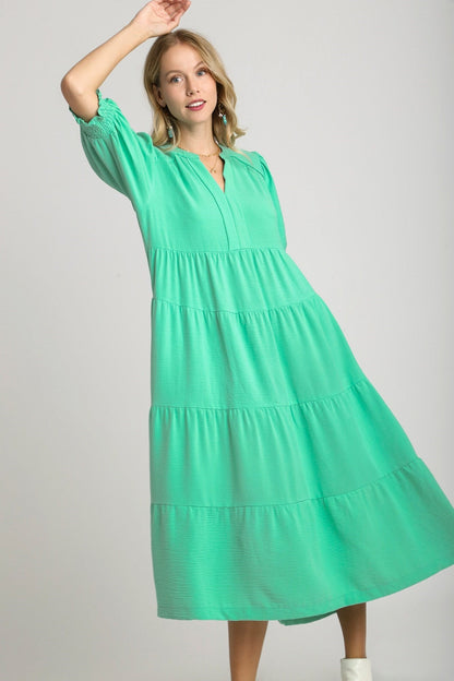 Umgee Solid Color A-Line Tiered Midi Dress with Piping Details in Emerald