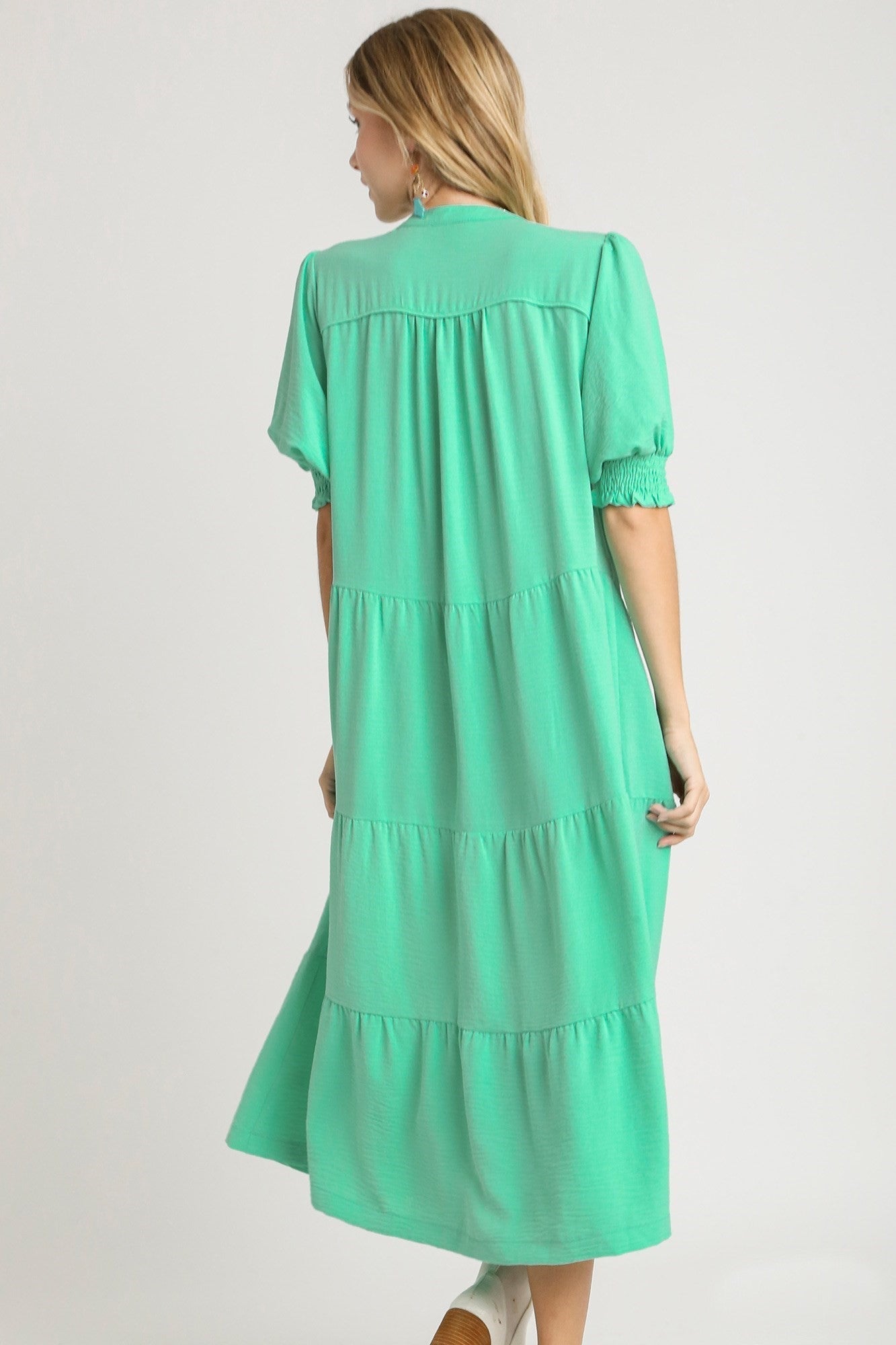 Umgee Solid Color A-Line Tiered Midi Dress with Piping Details in Emerald