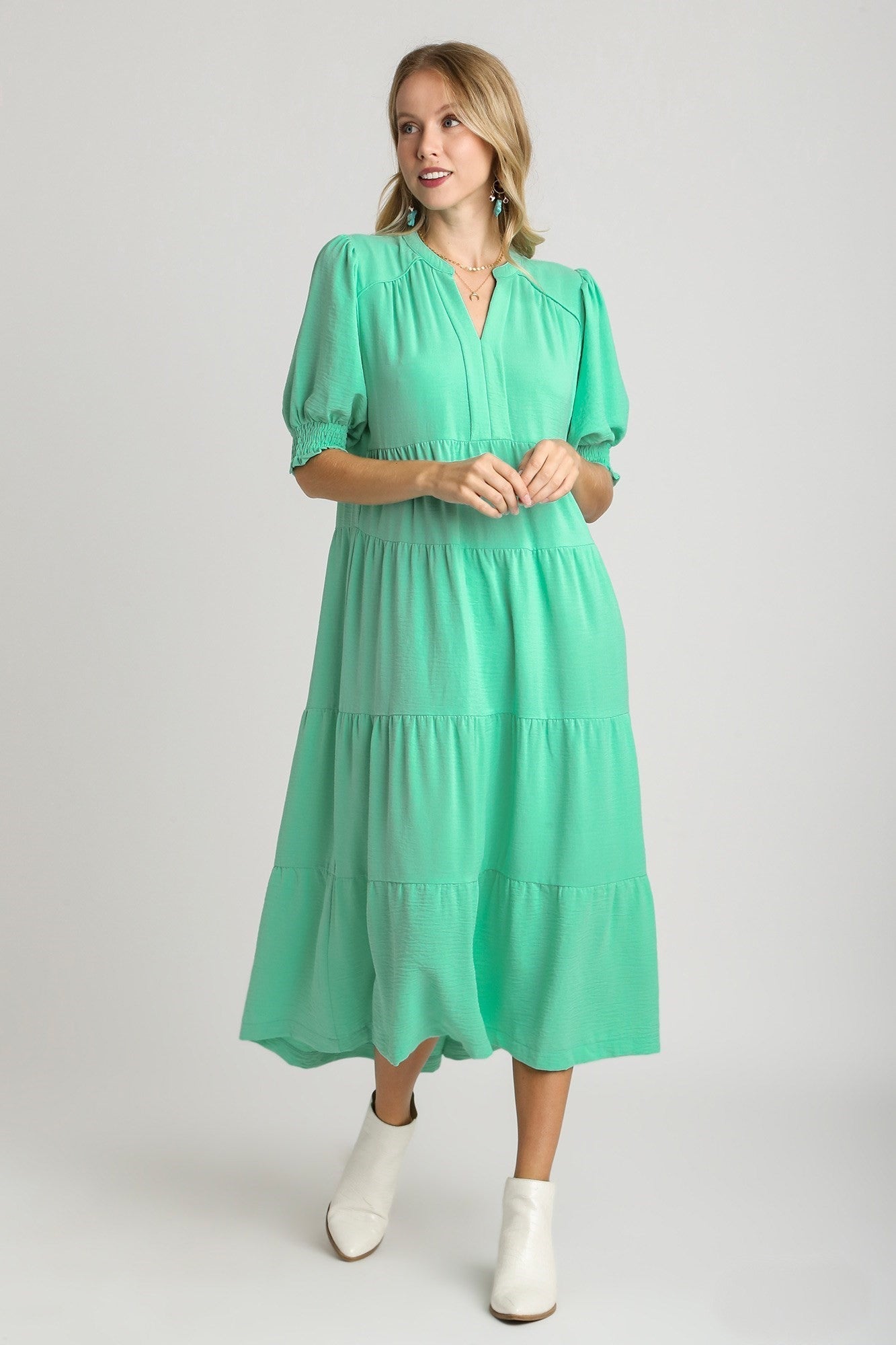 Umgee Solid Color A-Line Tiered Midi Dress with Piping Details in Emerald