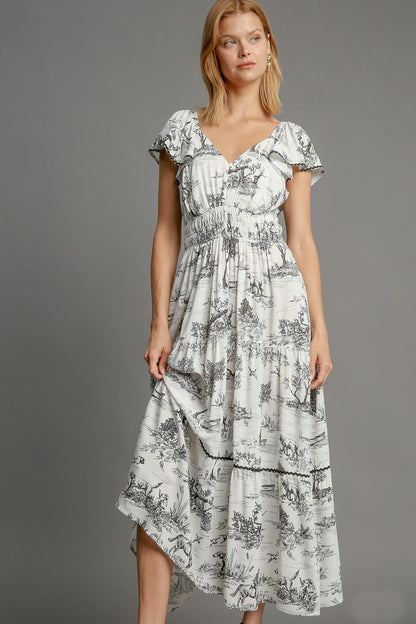 Umgee Two Toned Landscape Print Maxi Dress in Black