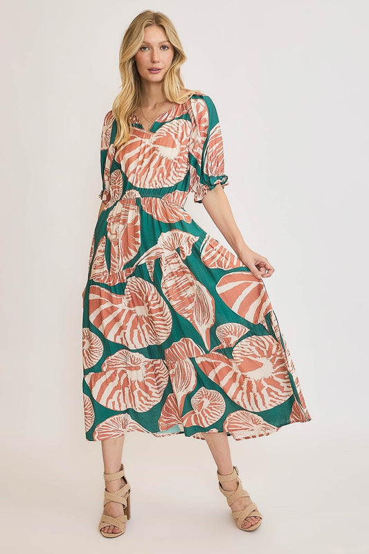 Umgee Floral Print Maxi Dress with Puff Sleeves in Green/Clay
