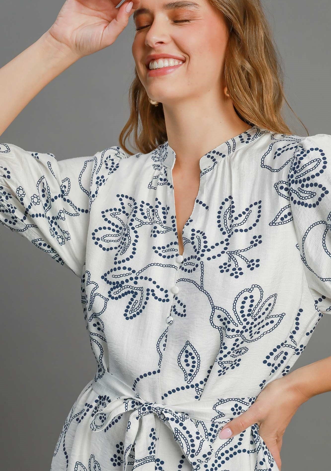 Umgee Two Toned Floral Print Mini Dress in Off White