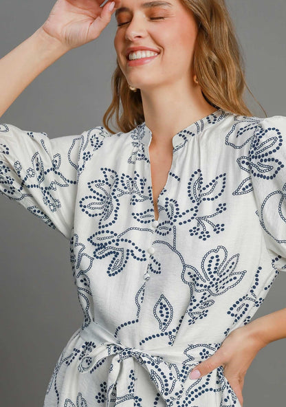 Umgee Two Toned Floral Print Mini Dress in Off White