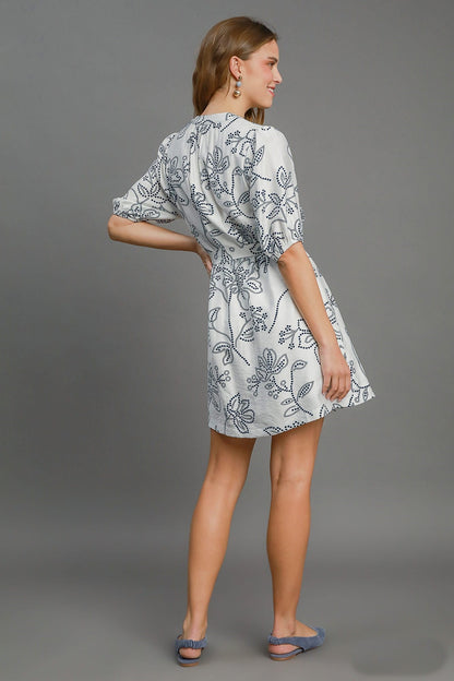 Umgee Two Toned Floral Print Mini Dress in Off White