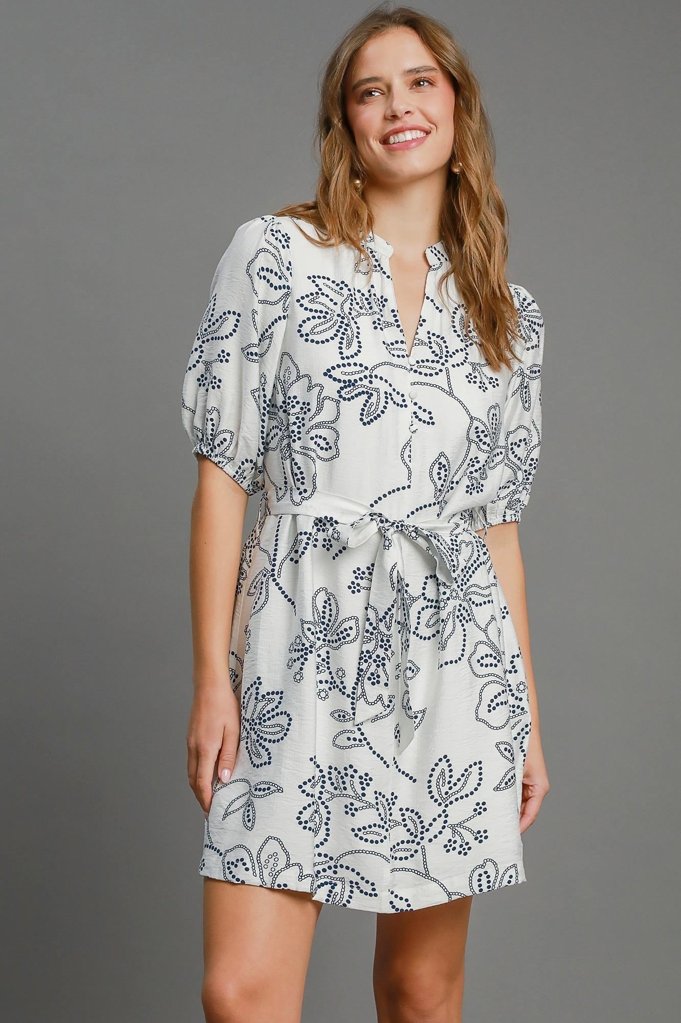 Umgee Two Toned Floral Print Mini Dress in Off White