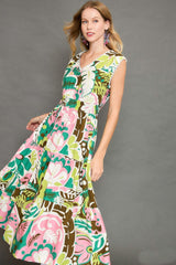 Umgee Floral Print Sleeveless Midi Dress in Green Mix