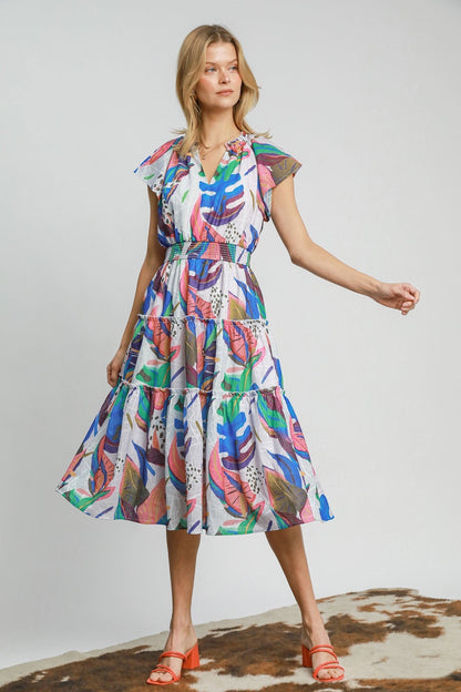 Umgee Multi Colored Leaf Print Midi Dress in Blue Mix