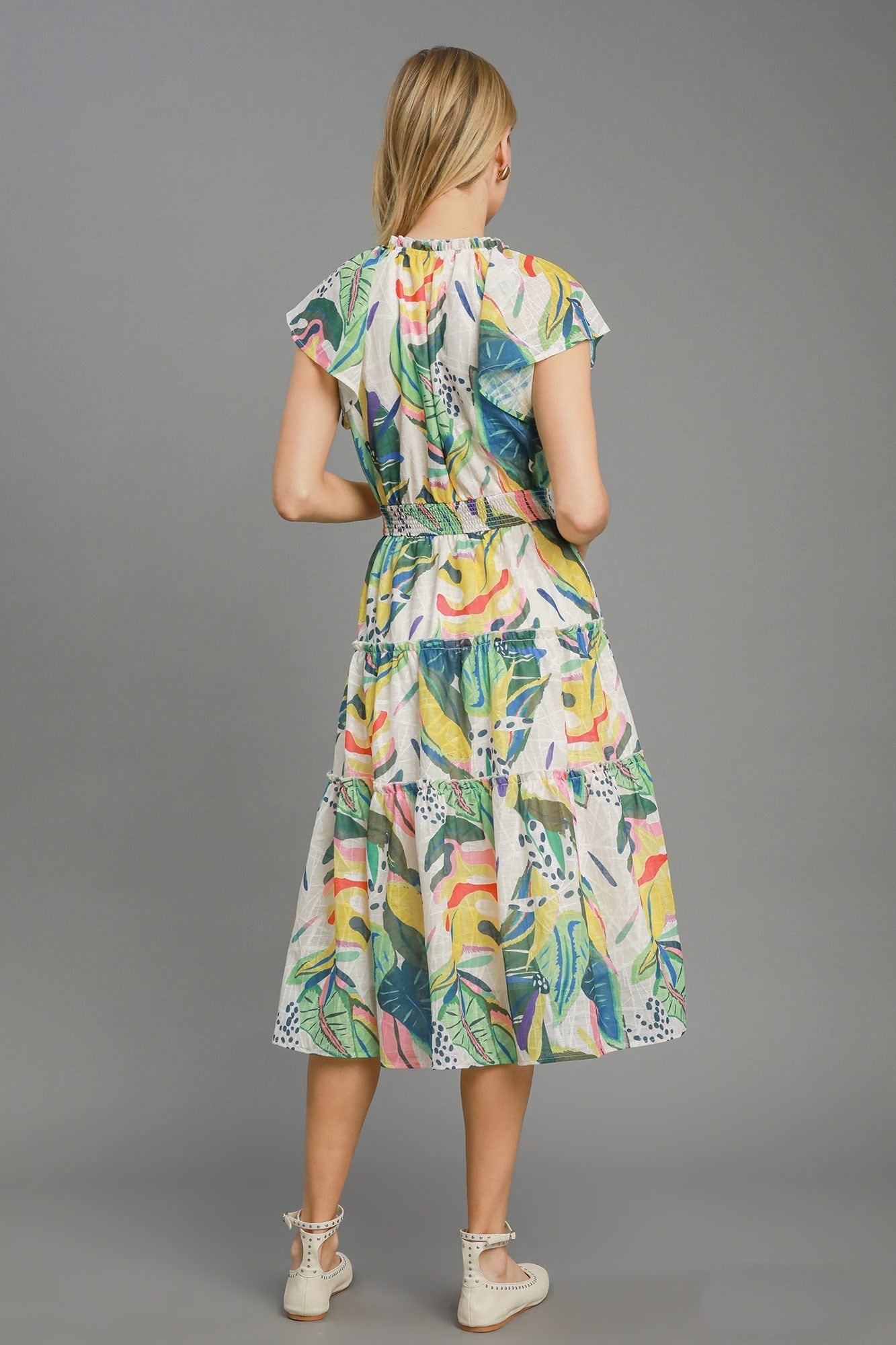 Umgee Multi Colored Leaf Print Midi Dress in Green Mix