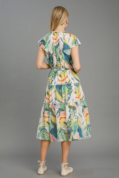 Umgee Multi Colored Leaf Print Midi Dress in Green Mix