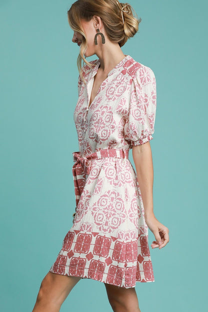Umgee Two Toned Abstract Print Mini Dress in Pink