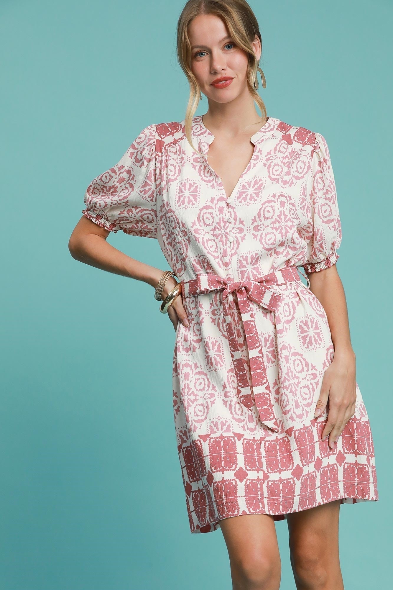 Umgee Two Toned Abstract Print Mini Dress in Pink