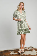 Umgee Two Toned Abstract Print Mini Dress in Light Olive