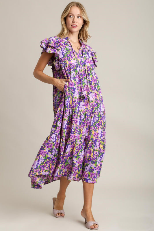 Umgee Floral Print A-Line Maxi Dress in Lavender ON ORDER