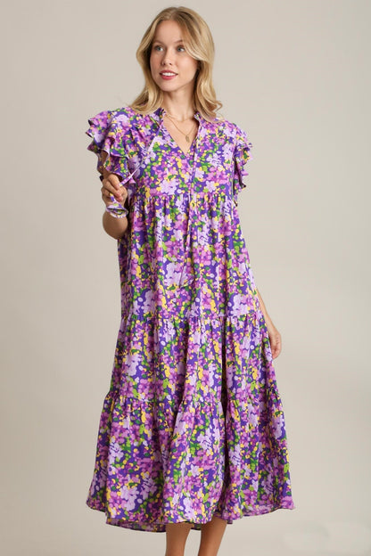 Umgee Floral Print A-Line Maxi Dress in Lavender ON ORDER