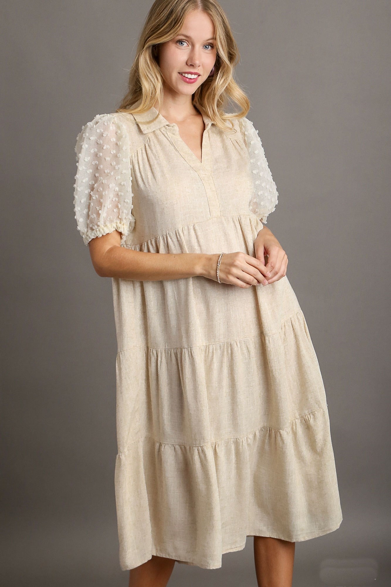 Umgee Solid Color Linen Blend Midi Dress with Floral Applique Details in Oatmeal