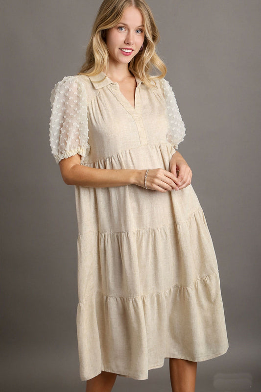 Umgee Solid Color Linen Blend Midi Dress with Floral Applique Details in Oatmeal