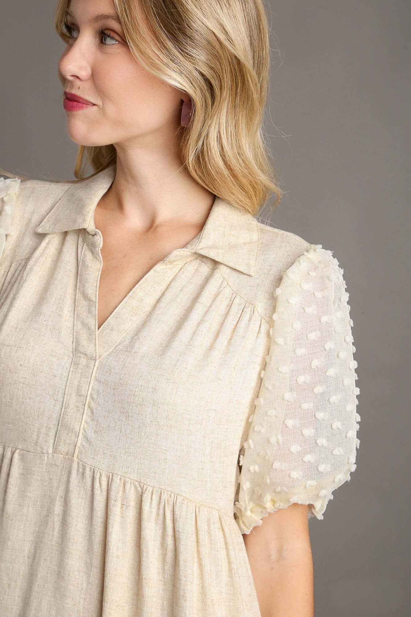 Umgee Solid Color Linen Blend Midi Dress with Floral Applique Details in Oatmeal