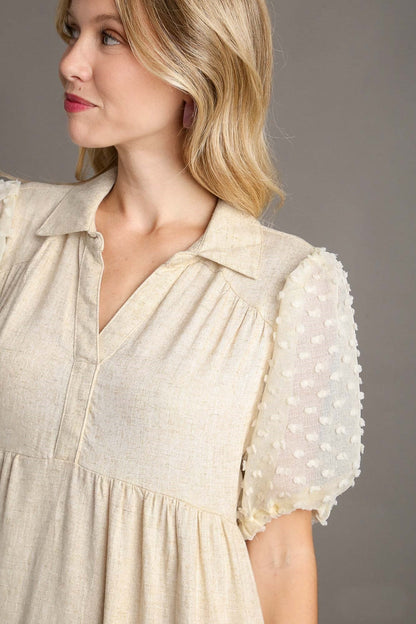 Umgee Solid Color Linen Blend Midi Dress with Floral Applique Details in Oatmeal