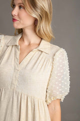 Umgee Solid Color Linen Blend Midi Dress with Floral Applique Details in Oatmeal
